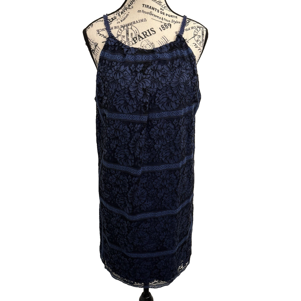 Max Studio Blue Black Floral Lace Print Sleeveless Mini Slip Dress Size Medium